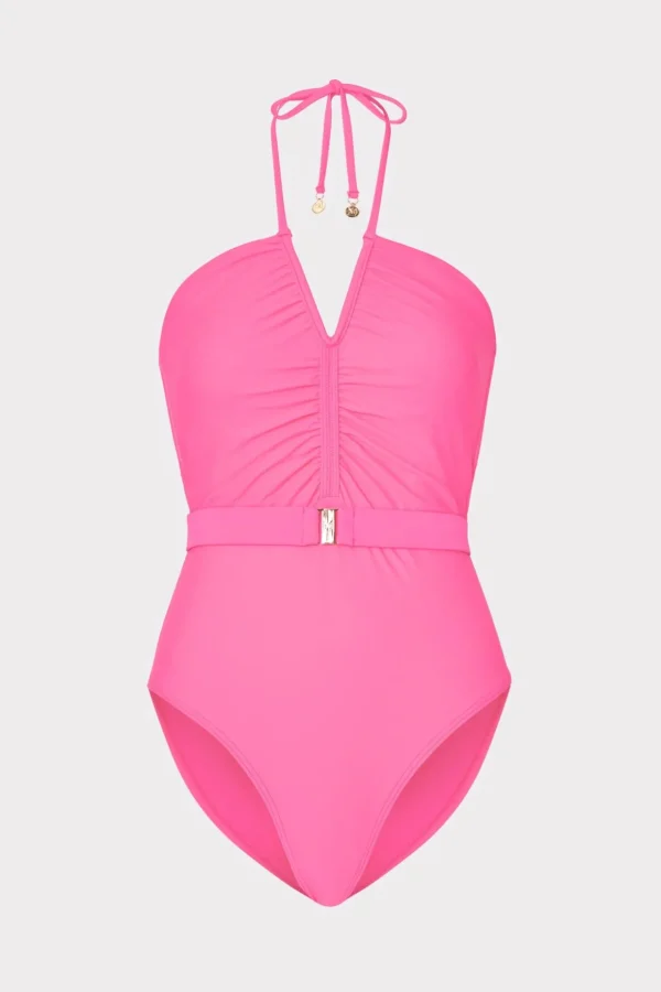 One Piece Swimsuits-MILLY Ruched Halter One Piece Neon Pink