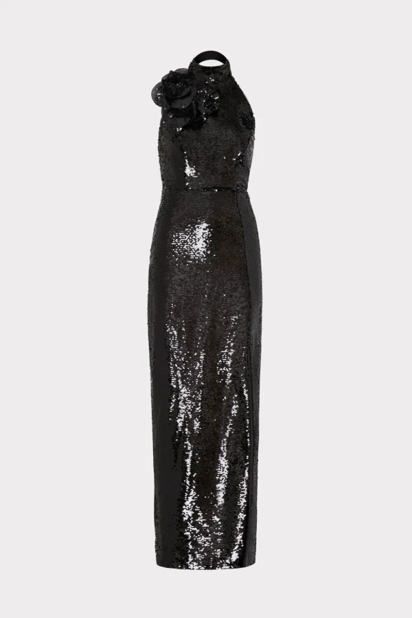 Evening Gowns-MILLY Sabine 3D Sequins Rosette Dress Black