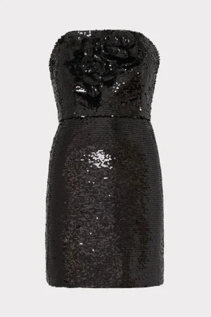 Little Black Dresses-MILLY Sascha 3D Sequins Rosette Dress Black