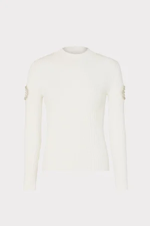 Tops-MILLY Shoulder Cut Out Knit Mock Neck Ecru
