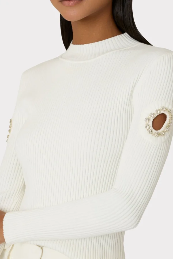 Tops-MILLY Shoulder Cut Out Knit Mock Neck Ecru