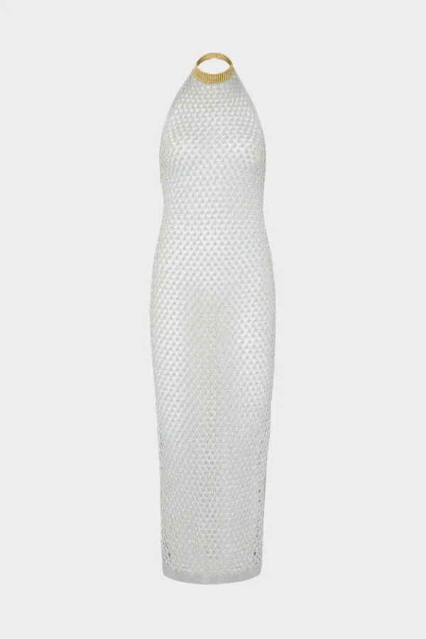 Jumpsuits & Rompers-MILLY Simone Metallic Halter Neck Knit Dress Silver