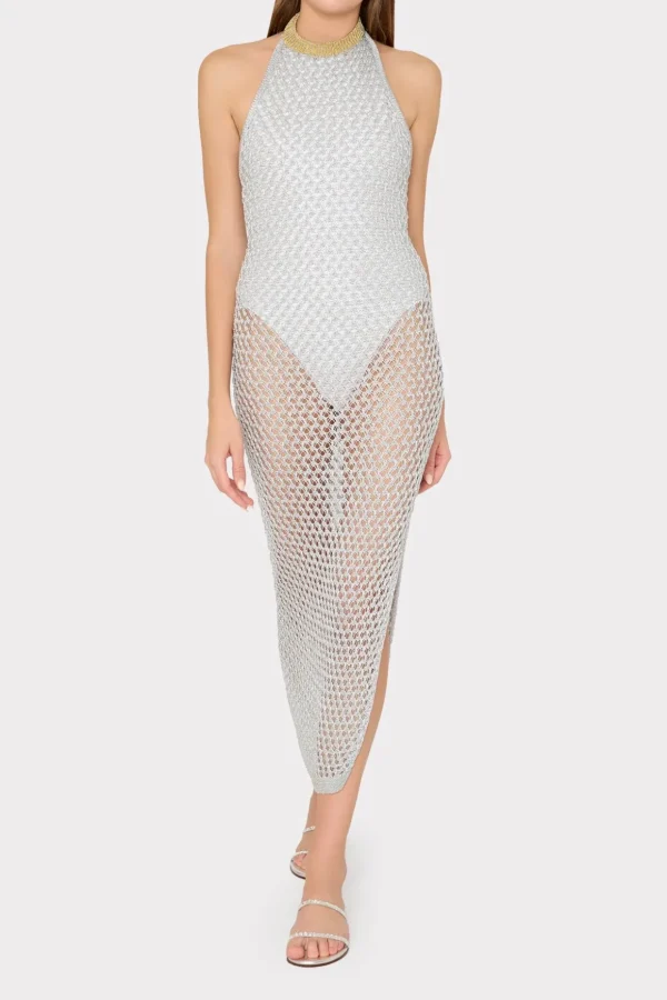 Jumpsuits & Rompers-MILLY Simone Metallic Halter Neck Knit Dress Silver
