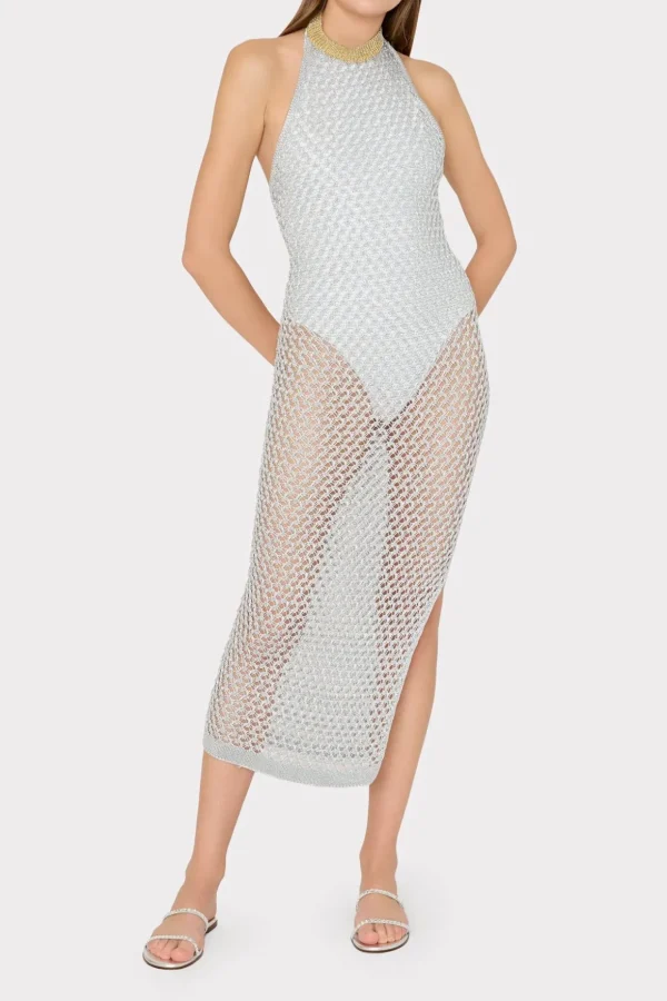 Jumpsuits & Rompers-MILLY Simone Metallic Halter Neck Knit Dress Silver