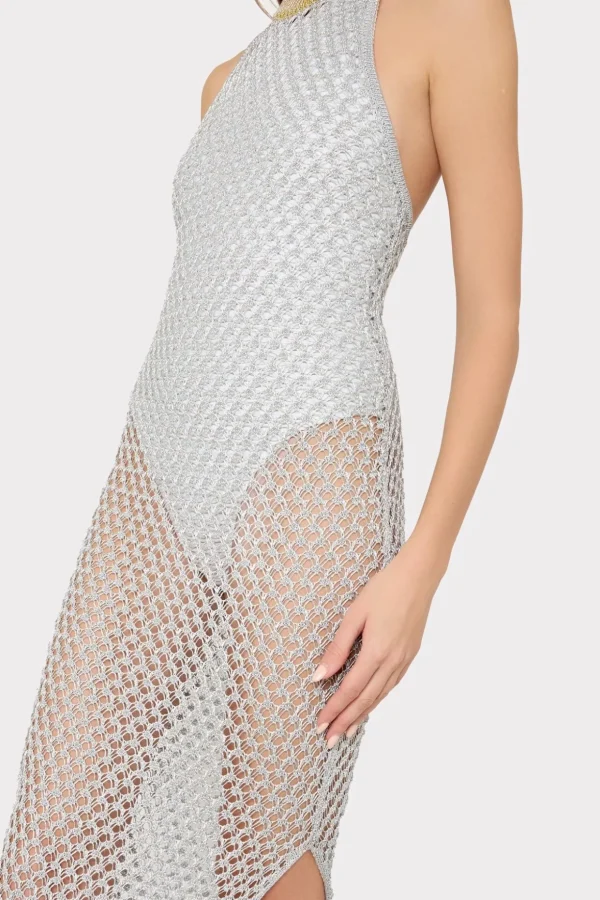 Jumpsuits & Rompers-MILLY Simone Metallic Halter Neck Knit Dress Silver