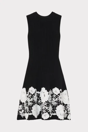 Knit Dresses-MILLY Sleeveless Lace Trim Fit And Flare Dress Black/Ecru