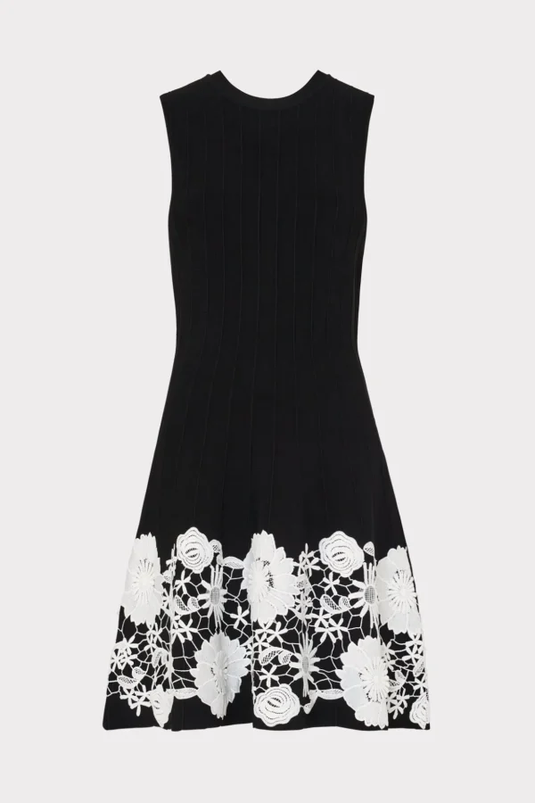 Little Black Dresses-MILLY Sleeveless Lace Trim Fit And Flare Dress Black/Ecru