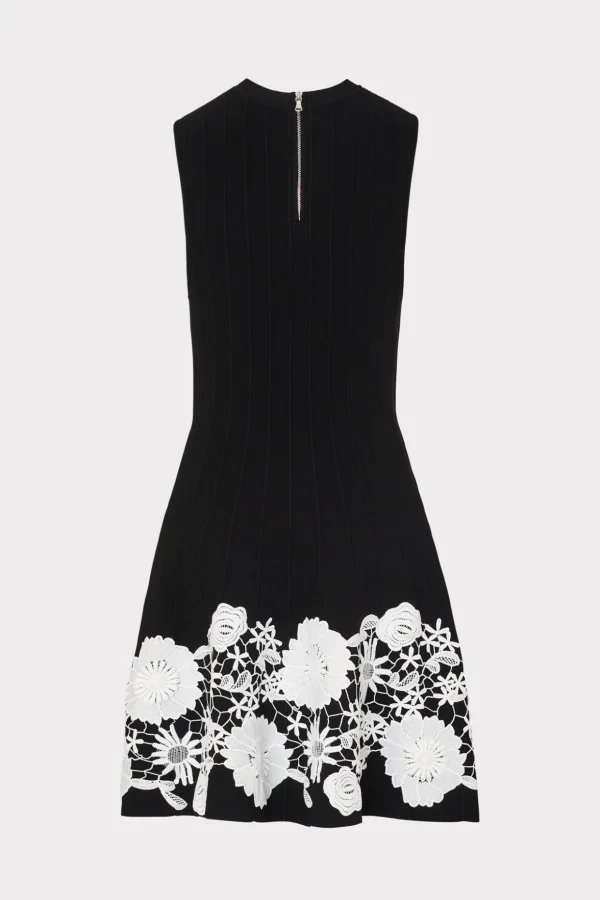 Cocktail Dresses-MILLY Sleeveless Lace Trim Fit And Flare Dress Black/Ecru