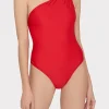 One Piece Swimsuits-MILLY Solid Carvico Vita One Shoulder One Piece Red