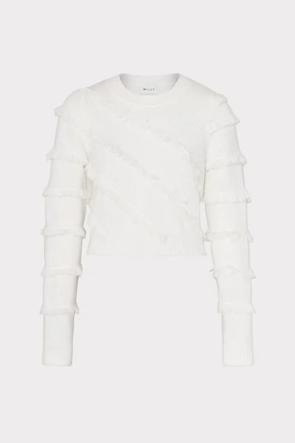 Sweaters & Knits-MILLY Striped Fringe Sweater Ecru