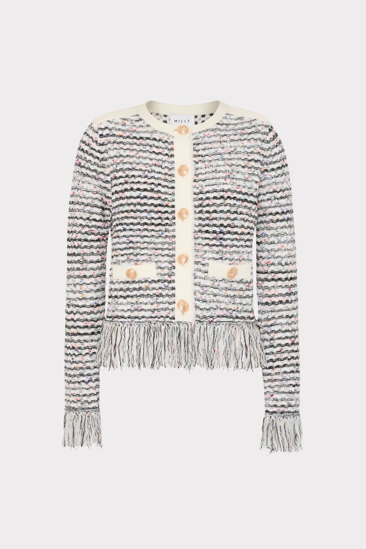 textured_fringe_cardigan__0.webp Coats & Jackets-MILLY Textured Fringe Cardigan Jacket Ecru Multi