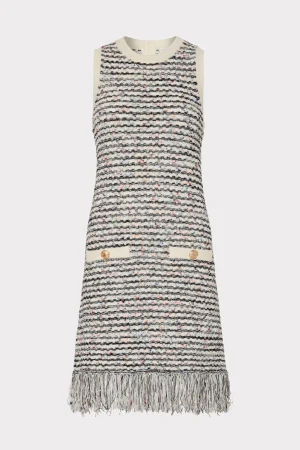 Day Dresses-MILLY Textured Fringe Knit Mini Dress Ecru Multi