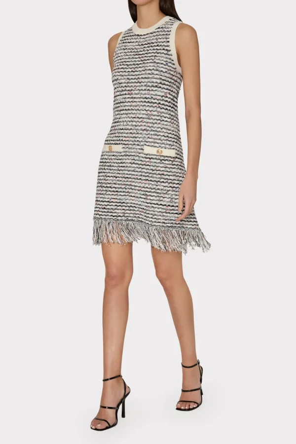 Day Dresses-MILLY Textured Fringe Knit Mini Dress Ecru Multi