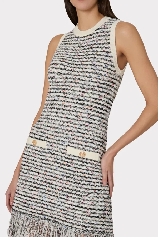 Mini Dresses-MILLY Textured Fringe Knit Mini Dress Ecru Multi