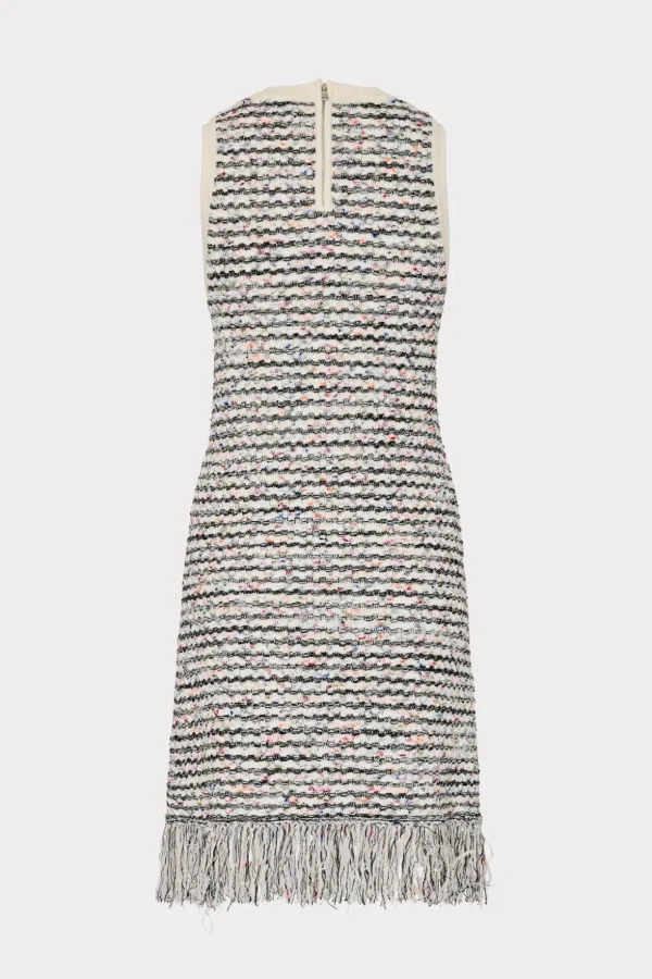 Day Dresses-MILLY Textured Fringe Knit Mini Dress Ecru Multi