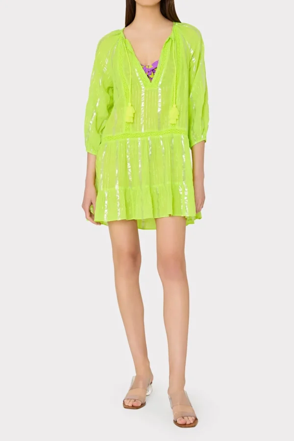 Cover-Ups-MILLY Valentine Lurex Stripe Coverup Dress Neon Yellow