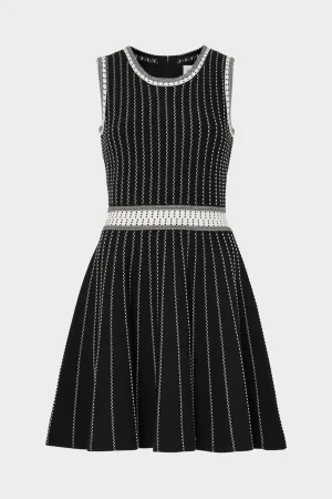 Little Black Dresses-MILLY Vertical Texture Fit And Flare Dress Black/Ecru
