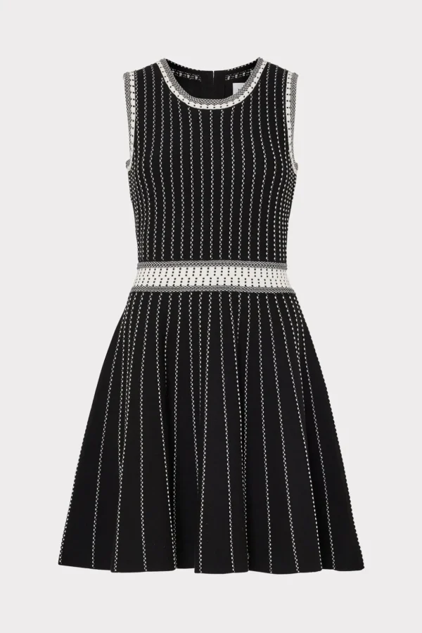 Cocktail Dresses-MILLY Vertical Texture Fit And Flare Dress Black/Ecru