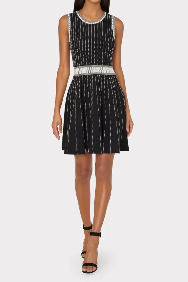 vertical_texture_fit_and__1-4.webp Day Dresses-MILLY Vertical Texture Fit And Flare Dress Black/Ecru