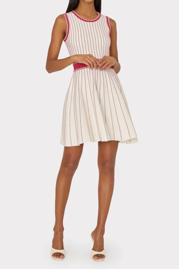 vertical_texture_fit_and__1-5.webp Day Dresses-MILLY Vertical Texture Fit And Flare Dress Ecru/Red