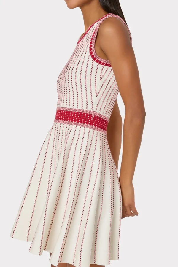 Cocktail Dresses-MILLY Vertical Texture Fit And Flare Dress Ecru/Red