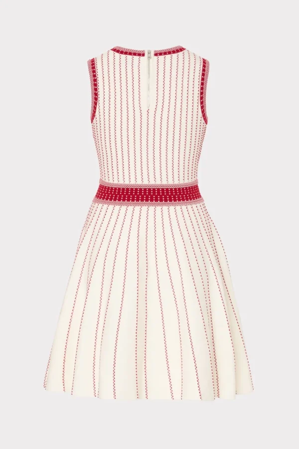 Knit Dresses-MILLY Vertical Texture Fit And Flare Dress Ecru/Red