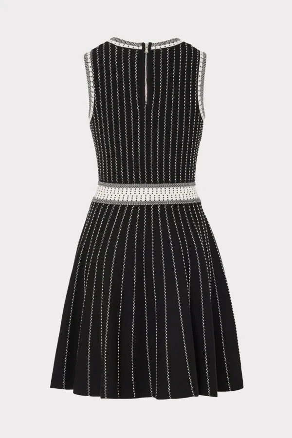 Cocktail Dresses-MILLY Vertical Texture Fit And Flare Dress Black/Ecru
