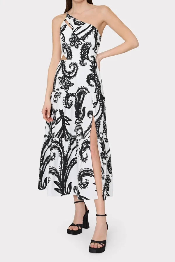 vintage_vine_poplin_dress_1-2.webp Day Dresses-MILLY Vintage Vine Poplin Dress Black/White