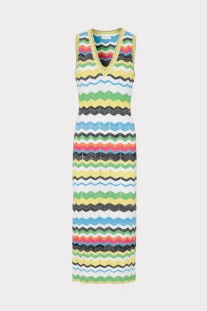 Day Dresses-MILLY V-Neck Zig Zag Midi Dress Yellow Multi