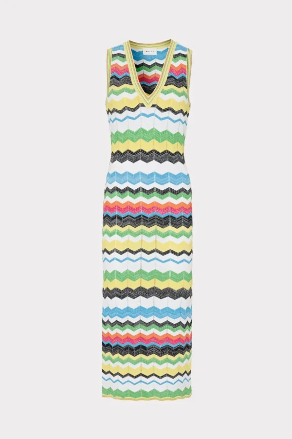 vneck_zig_zag_midi_dress_0.webp Jumpsuits & Rompers-MILLY V-Neck Zig Zag Midi Dress Yellow Multi