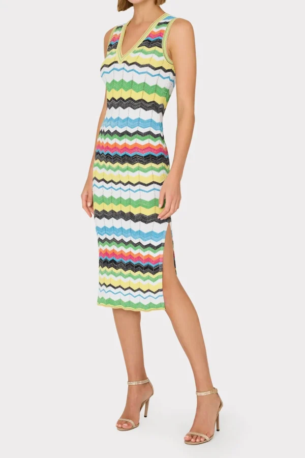 vneck_zig_zag_midi_dress_1.webp Jumpsuits & Rompers-MILLY V-Neck Zig Zag Midi Dress Yellow Multi