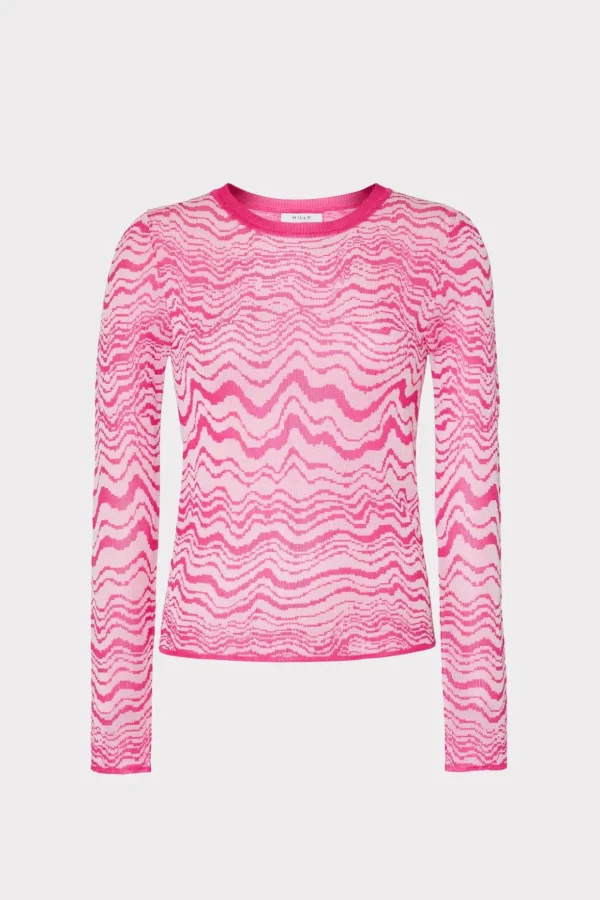 Sweaters & Knits-MILLY Wave Jacquard Crewneck Pullover Pink/Ecru