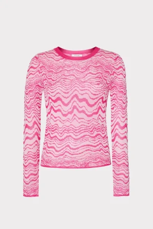 Tops-MILLY Wave Jacquard Crewneck Pullover Pink/Ecru