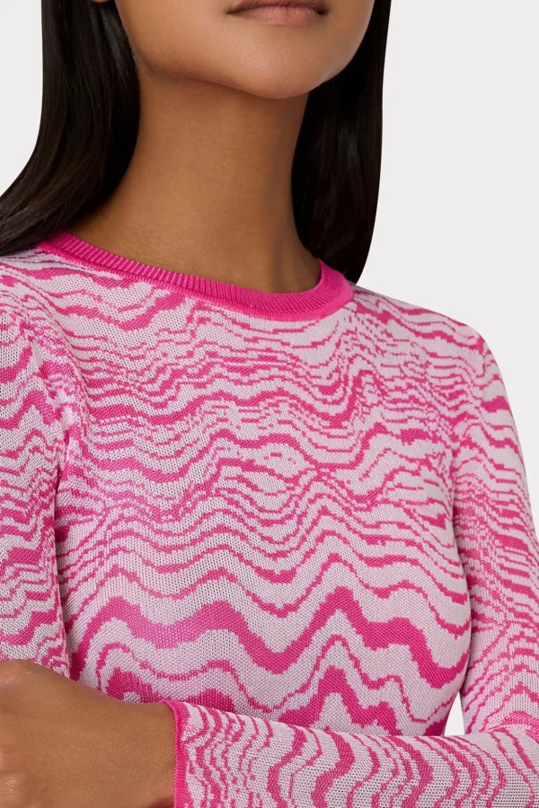 Sweaters & Knits-MILLY Wave Jacquard Crewneck Pullover Pink/Ecru