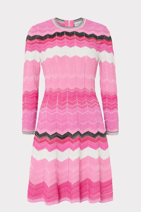 Jumpsuits & Rompers-MILLY Zig Zag Long Sleeve Flare Dress Pink Multi