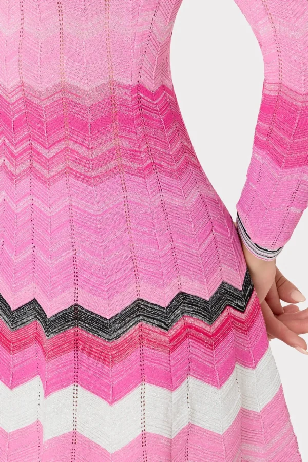 Jumpsuits & Rompers-MILLY Zig Zag Long Sleeve Flare Dress Pink Multi